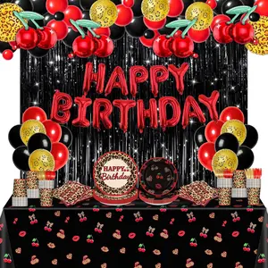 Cheetah Print Party Decorations Kit Black Red Cherry Birthday Supplies Red Leopard Party Plates Napkins Banners Tablecloth Leopard Cherry Theme Decoration Set for Girls Women Bachelorette Supplies
