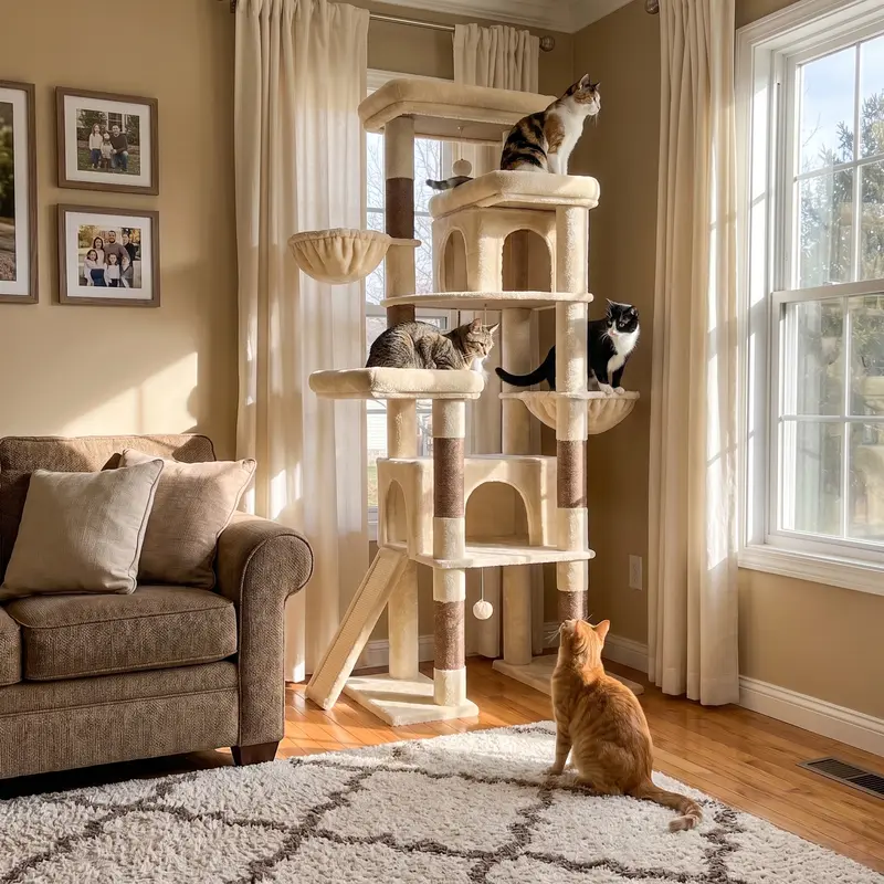 DESKAT 78-Inch Extra Height Freestanding Heavy-Duty Indoor Cat Tree Tower - Sturdy Multi-Level Pet Furniture for Large Cats with Condos, Durable Sisal Scratching Posts, Vertical Scratcher, Claw Support, Hanging Baskets, Climbing Play, Living Room Blend