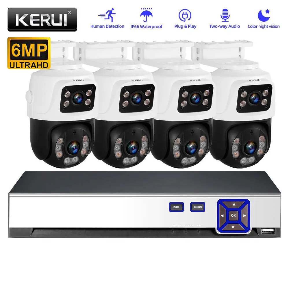 KERUI 8CH PoE NVR Security Camera System with 4 6MP Dual-Lens PTZ Dome & Fixed Wide-Angle Cameras, 270° Pan, 90° Tilt, H.265+ 24/7 Recording, Human Detection, 2-Way Audio, IP66, ICSee/XMEYE Pro Remote View, Plug & Play (No HDD, Network Cable Included)