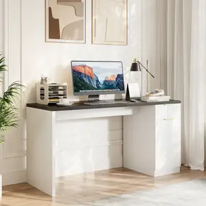 Executive Desk, 61" Large Farmhouse Computer Desk with Drawer and Power Outlet, Home Office Wood Executive Desk with Adjustable Shelf for Work Study Writing, White/Oak/Grey