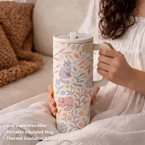 1 Pc 40oz Stainless Steel Tumbler with Handle, Vacuum Insulated Travel Coffee Cup with Lid and Straw, Keep Hot 12H/Ice Drinks 24H, Great for Office Home Travel, Aesthetic Floral Cat Design, Unique Gift for Women, Friends, Flasks