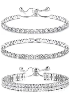 3Pcs Adjustable Silver Tennis Bracelets with Slide Closure - 5.5-10.5 Inch Custom Fit Stacking Set - Hypoallergenic 4mm CZ Diamond Bracelet for Daily Wear & Parties