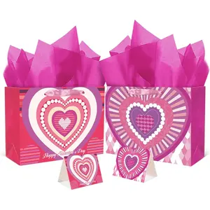 Heart Valentine  Bag with Tissue Paper Wide Large Present Wrap Bags for Women Girlfriend Classroom Happy Valentine's Day (2 PCS Large + Tissue Papers)