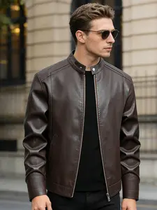 Men's Leather Jacket, Business Casual Outerwear, Daily Wear & Outdoor Riding, Zipper Cuff Design for Adjustable Fit, Motorcycle Coat, Long Sleeve, Casual Fitted Jackets