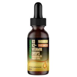 Organic Vitamin D3 5000 IU + K2 Drops with Omega-3 & MCT Oil | High Absorption Liquid Vitamin D3 K2 for Strong Bones, Heart & Immune Support | Beauty & Wellness Boost for Women & Men
