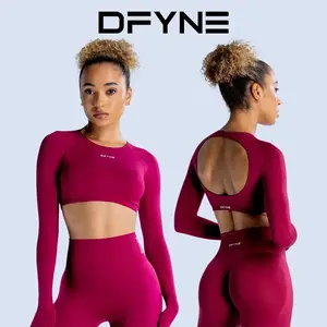 Dfyne Dynamic Long Sleeve Crop Top with Logo Women Short Sleeve Yoga Top Light Weight Gym Crop Top Seamless Bicycle Sports Long Sleeve