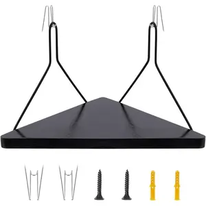 11.8 Inch Black Wooden Triangular Fabric Wall Cubicle Corner Shelf with Hooks, Hanging Storage Organizer for Office Work Decor, Fits Small Planter, 1 PCS