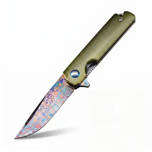 Blued Damascus Steel Folding Pocket Knife, Flipper Open Mechanical EDC Knife with Aircraft-Grade Aluminum Handle, Cool EDC Knife Men's Gift for Camping Collection