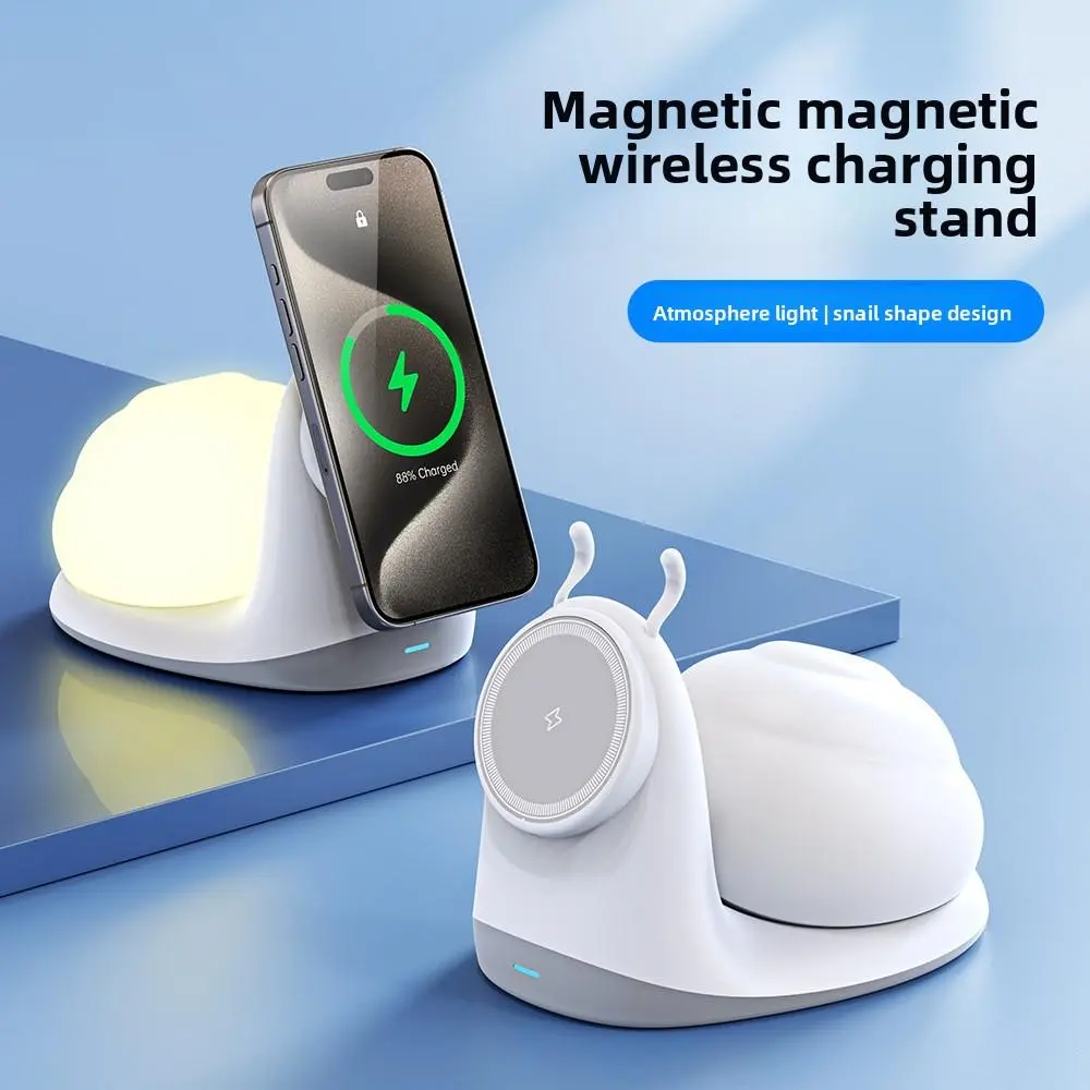 15W Magnetic Wireless Charger with Snail Night Light, MagSafe Station for iPhone, Mobile Phone, PD Fast Charging, Digital Alarm Clock, Anti-Slip Base