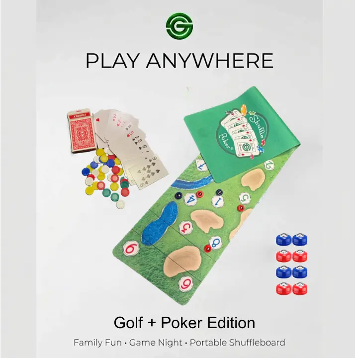 Shuffle Games Double-Sided Shuffleboard Mat Game – Golf + Poker Edition | Tabletop Game