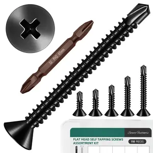 110 count #8 Sheet Metal Self Tapping Screws Assortment Kit, 410 Stainless Steel Flat  High-Strength  Self-Drilling Screws, Black Oxided