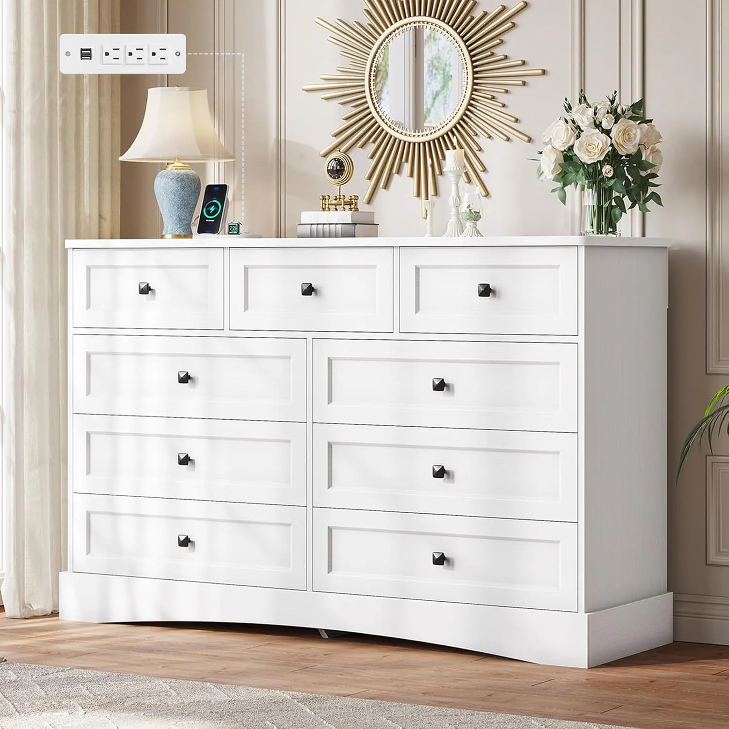 Hasuit Dresser for Bedroom with 9 Drawers, 51.2" Large Drawer Dressers with Charging Station, Wide Farmhouse Dressers Chest of Drawers, Wooden Storage Tower Organizer, Dresser for Bedroom Closet