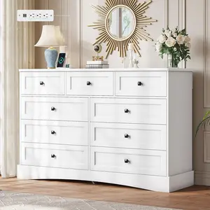 Hasuit Dresser for Bedroom with 9 Drawers, 51.2" Large Drawer Dressers with Charging Station, Wide Farmhouse Dressers Chest of Drawers, Wooden Storage Tower Organizer, Dresser for Bedroom Closet