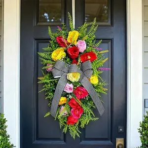 Realistic Flower Door Hanging Wreath with Creative Bow, Wall Door Decor, Home Holiday Decoration, Door Hanger, Perfect for Festive Season