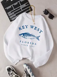 Women's Key West Letter Print Sporty Sweatshirt, Casual Ribbed Long Sleeve Round Neck Pullover, Fall Fashion Daily Top