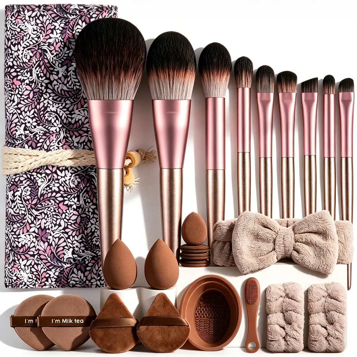 Milk Tea Dual Tone Ferrule All-In-One Makeup Tools Set Cosmetic Brushes Beauty Sponges Triangle Round Velvet Powder Puffs Plush Bow Hairband Wristbands Silicone Cleaner Bowl Mini Clean Brush Floral Printed Roll-Up Brush Storage Wrap Daily Travel Kit