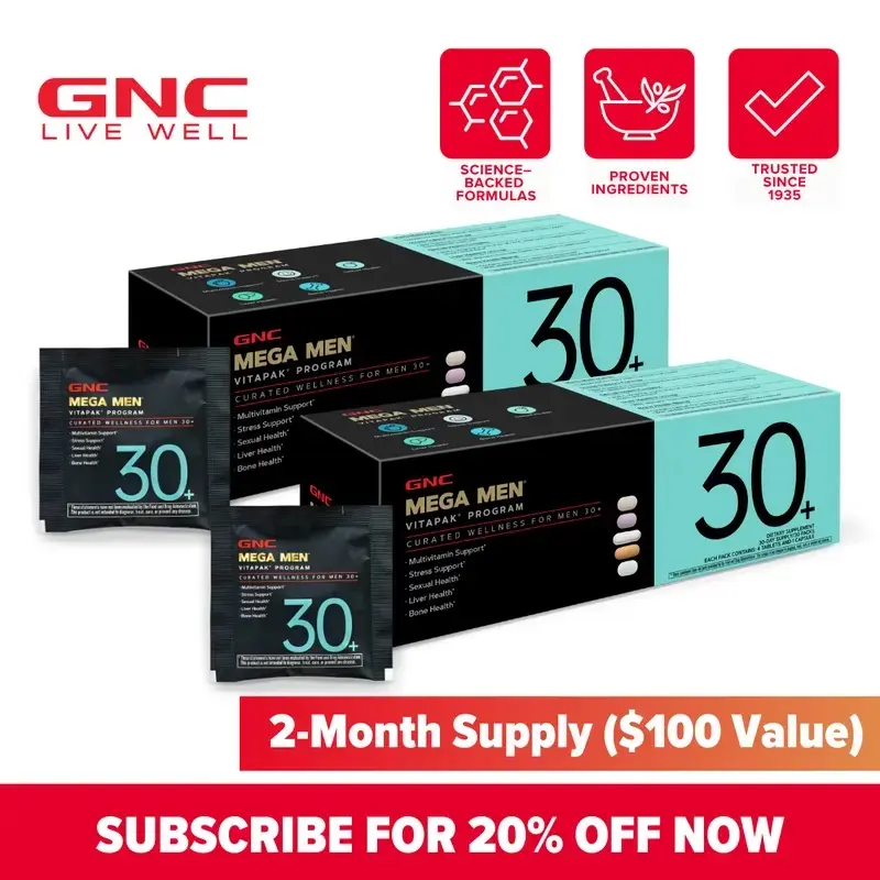 GNC 3-Pack Bundle: Mega Men's 30+ Vitapak, 90 day supply, Stress & Bone Support, 30 Count, Healthcare, overall Wellness, Dietary Supplement