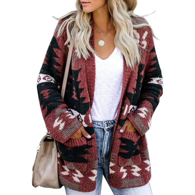 Imily Bela Women Boho Cardigan Aztec Open Front Loose Slouchy Sweaters Tribal Long Sleeve Knitted Christmas Jacket Coat