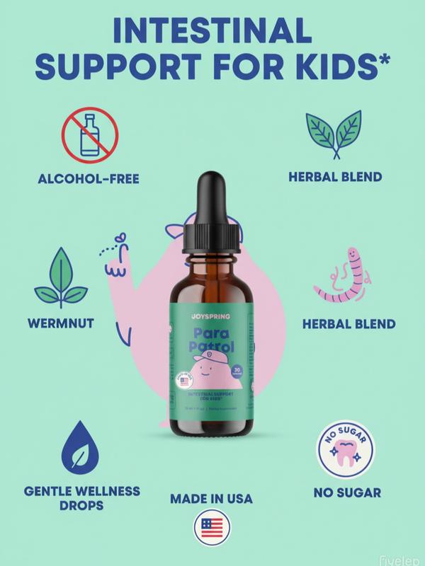 JoySpring ParaPatrol Kids’ Herbal Blend – Alcohol-Free Liquid Supplement with Black Walnut and Wormwood Extract | Supports Digestive Health | Natural Raspberry Flavor – 30 Servings