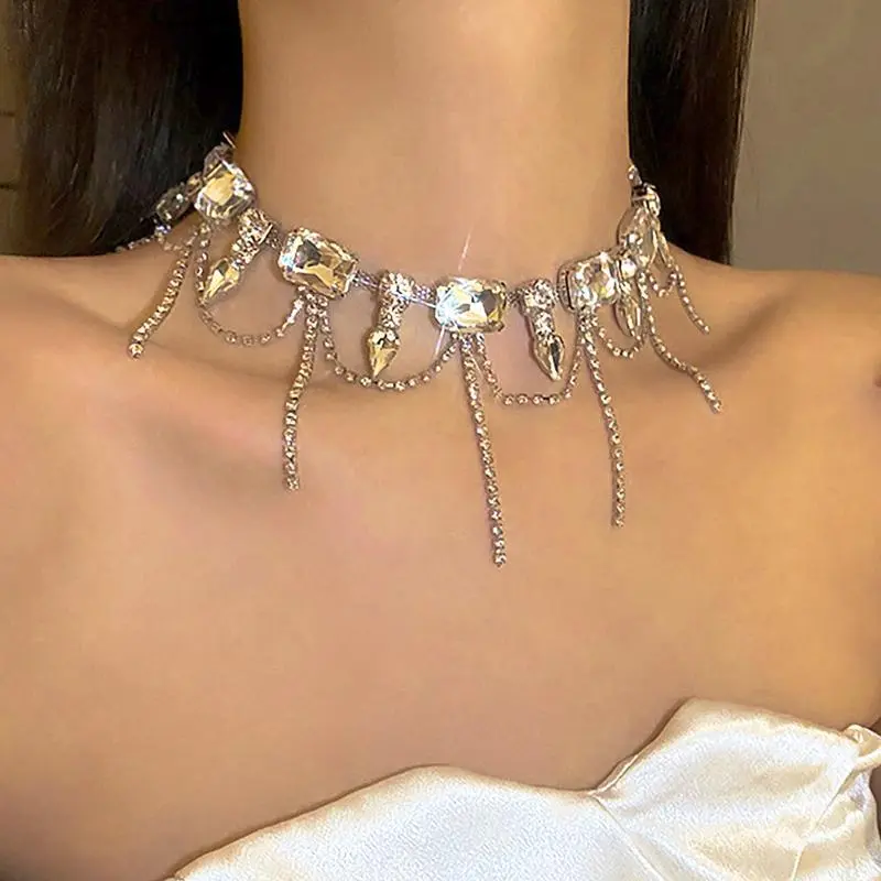 Rhinestone Choker Necklace Jewelry Silver Sparkly Tassel Prom Necklaces Chain for Women Rhinestone Choker Necklace Jewelry Silver Sparkly Tassel Prom Necklaces Chain for Women