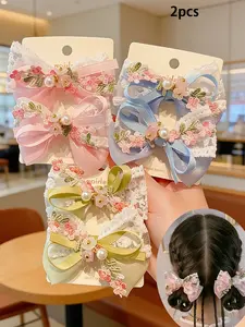 2Pcs Y2K Pink Lace Bow Hair Clips, Pearl Flower Hair Pins, Cute Fashion Hair Accessories Set for Girls Kids, Sweet Hair Barrettes for Party Gift
