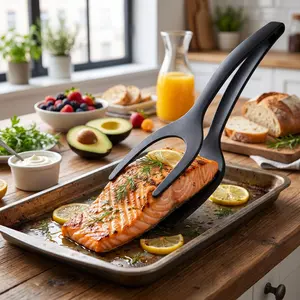 2-in-1 Silicone Shovel & Tweezers Tongs - Black Egg Flipper Pancake Steak Turner Omelet Maker Spatula Fish French Toast Tongs for Home Kitchen Cooking Tools Utensils-MM1