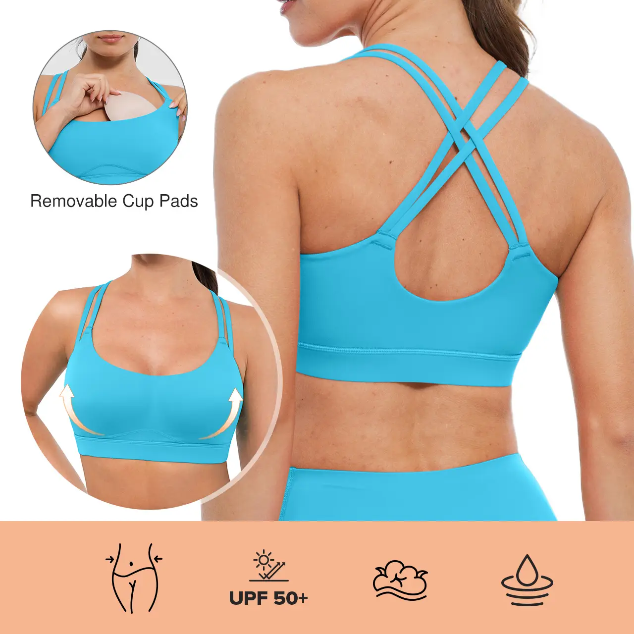 BRXL Strappy Sports Bras for Women High Support Criss-Cross Back Padded Sports Bra with Removable Cups Yoga Workout Activewear Sports Bra UPF 50+ Sun