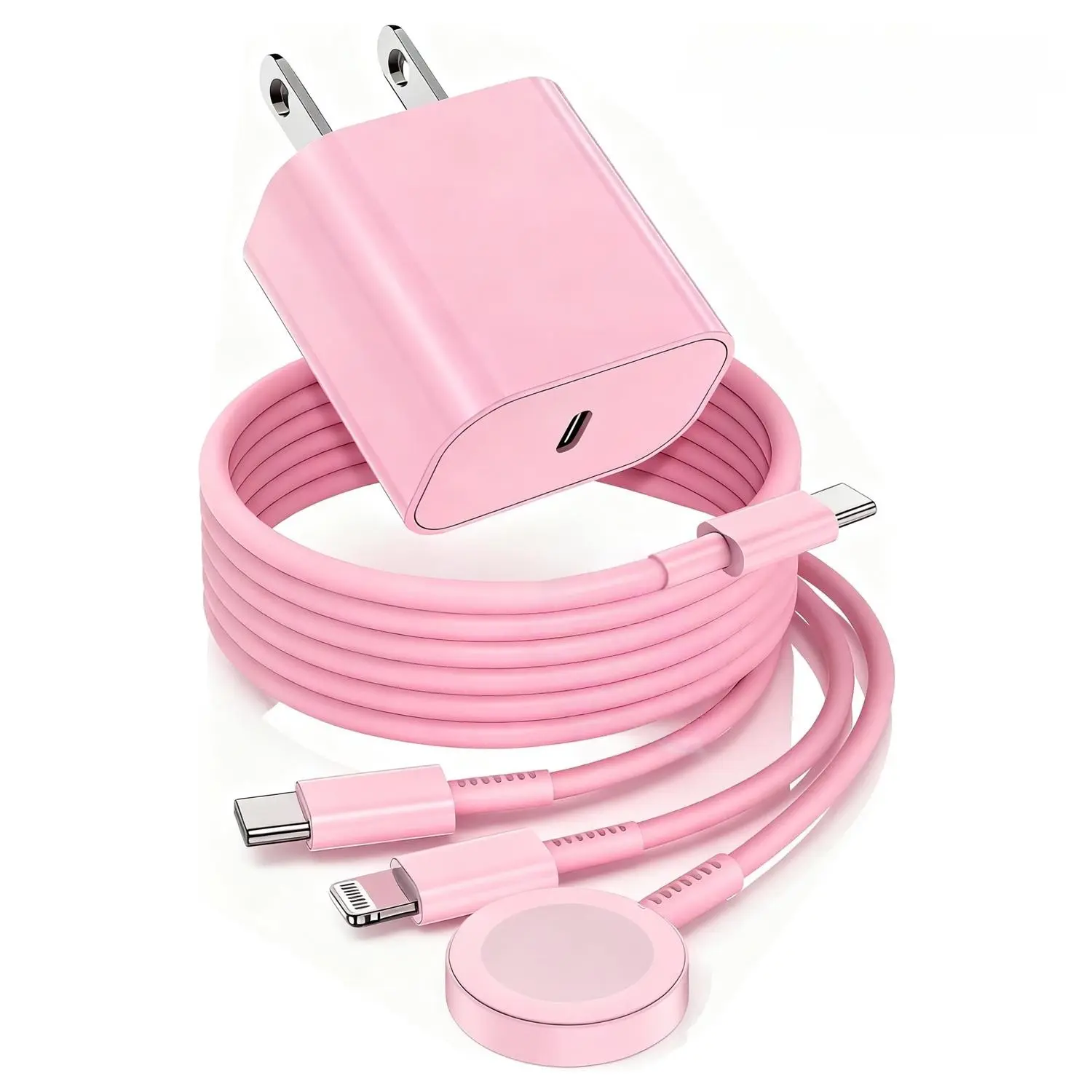 3 in 1 For Apple Watch Charger,Magnetic iWatch Fast Charger/USB C to Lightning Charging Cable Cord and Type C Wall Block for iWatch Series 10/9/Ultra/8/7/SE/6/5/4/3/2/iPhone 16 15 14 13 12 11 Pro Max Plus Pink Smartphone