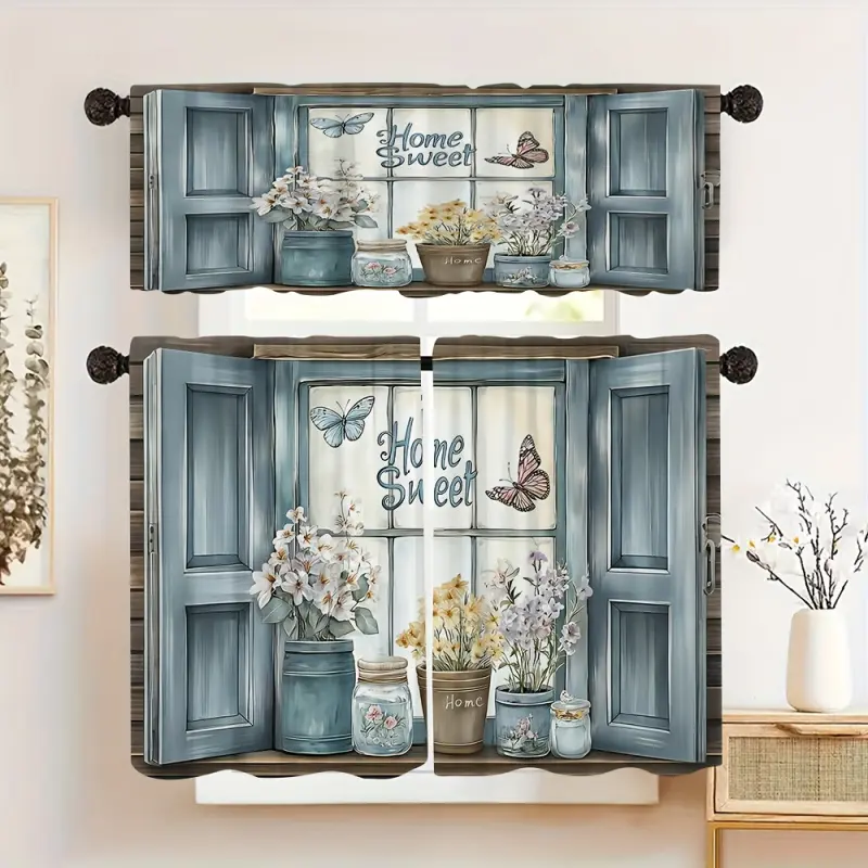 3 Pcs Home Sweet Home Kitchen Curtains, 3D Window Farmhouse Valance and Tier Curtains Set, Vintage Butterfly Floral Print Window Drapes for Kitchen Cafe Decor, Home Textile, Interior Decoration Accessories