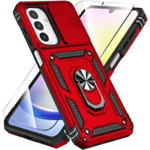 SunStory Phone Case for Samsung Galaxy A26 5G Case with HD Screen Protector & Slide Camera Cover & Rotated Ring Kickstand, [Heavy Duty Shockproof] Dual Layers Phone Case (Red, Galaxy A26)