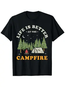 Fun Campfire Quotations T-shirt-Life is Better by Campfire Camping Pattern T-shirt with Campfire and Pine Tree Design-Lightweight Short Sleeve Round Neck Casual Shirt, Unisex Four , everyday casual, Halloween, for workers