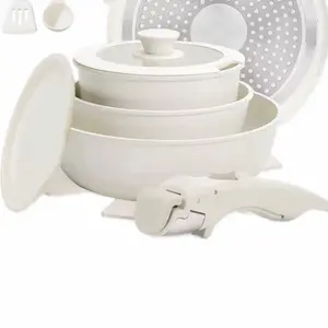 10-Piece Non-Stick Ceramic Cookware Set with Detachable Handle, Stackable for RV, Dishwasher & Oven Safe in Cream White