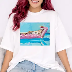 Leopard on Pink Float T-Shirt | Retro Poolside Cheetah Graphic