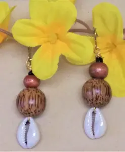 Wooden Beaded Earrings with Cowrie Shells