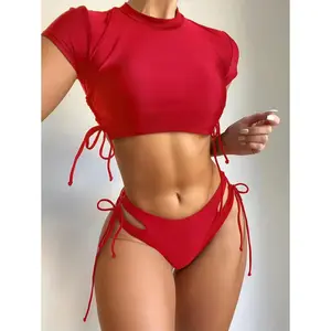 Solid Color Red Bikini Set for Summer Beach Short Sleeve T-Shirt & Side Tie Hollow Out Design Bottom Two-Piece Swimsuit cover