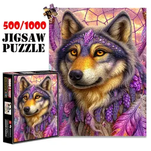 1pc 1000 piece adult puzzle 70x50cm Enchanted Wolf with Dream - Catcher and Feathers 500 pieces of paper jigsaw puzzle, suitable for adults and families, large-scale DIY puzzle interactive toy gam