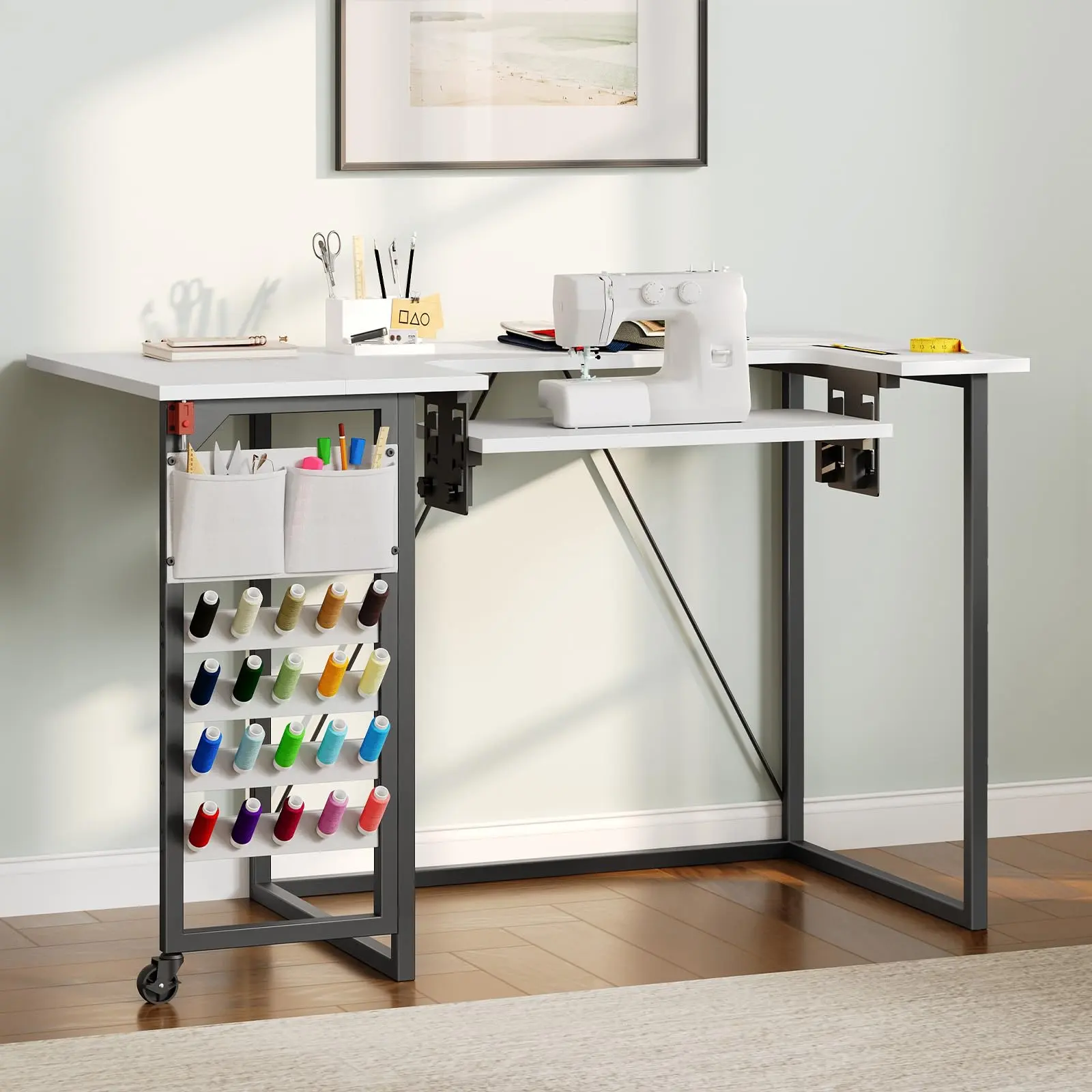 HOOBRO Wood&Metal Folding Sewing Table, Height-Adjustable Design, Smooth Rolling Wheels for Space Saving,familyfun