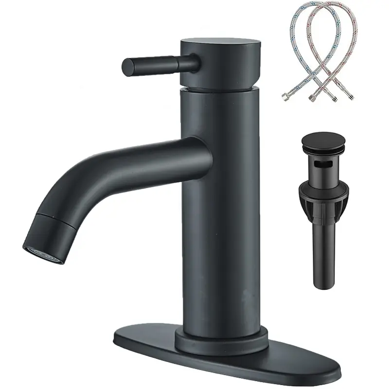 Commercial Bathroom Faucet Chrome Modern Bathroom Sink Faucet, Single Handle Basin Mixer Tap for Sink, Vanity, RV, Lavatory, for 1 or 3 Holes, with Pop Up Drain and 6 Inch Deck Plate, Mixing Hot Cold Water Supply Hose, Polished Chrome & Matte Black