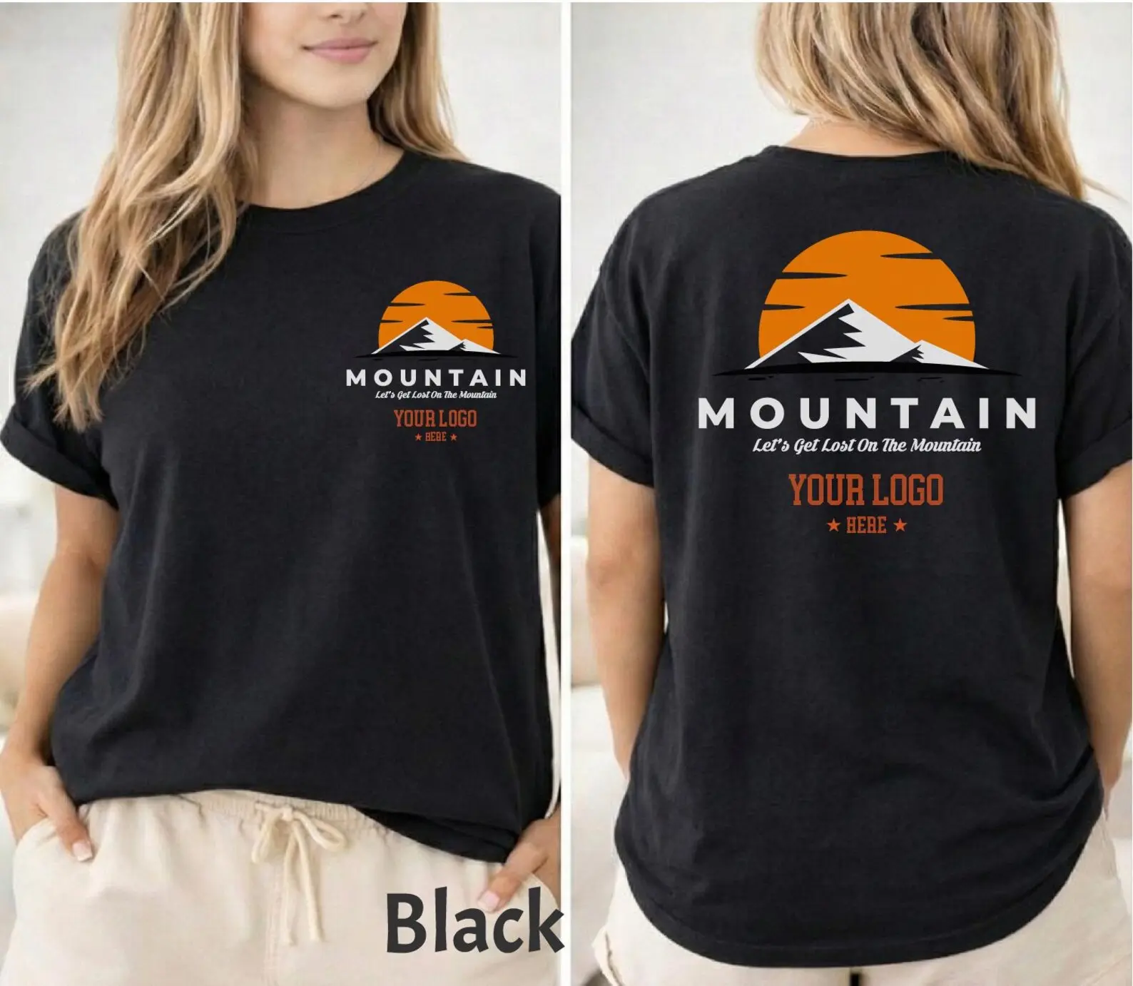 Let's Get Lost On The Mountain Graphic T Shirt Women Retro Sunset Mountain Front and Back Print Tee Outdoor Hiking Camping Nature Lovers Casual Short Sleeve Top
