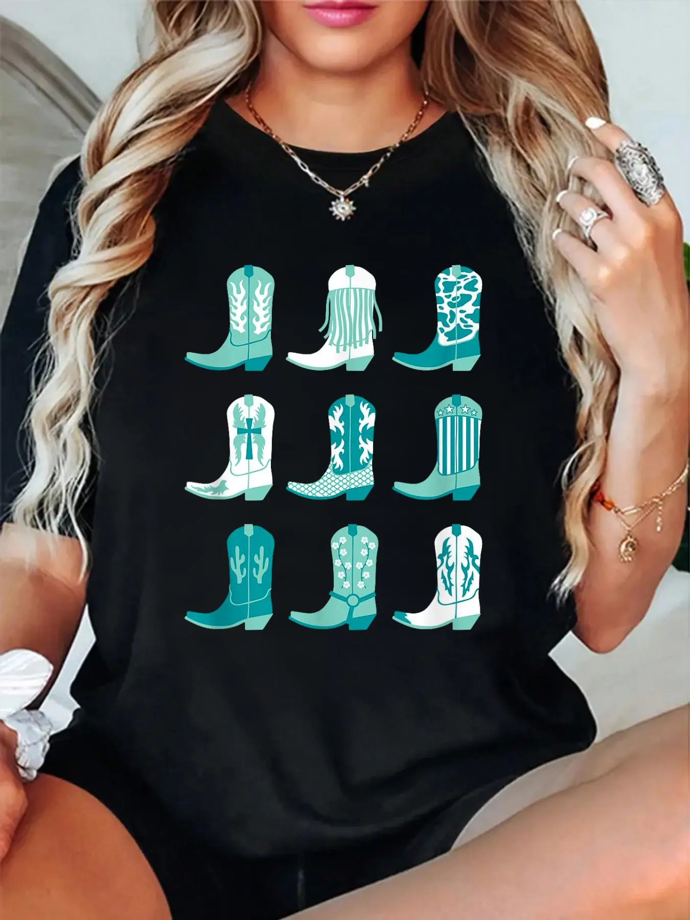 100% Cotton T shirts Teal Cowgirl Boots Pretty Country Girl Turquoise T-Shirt Breathable & Comfort Fit Tee Women,Short Sleeve Crew Neck Top for All Seasons,Graphic Tees Women Tops