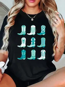 100% Cotton T shirts Teal Cowgirl Boots Pretty Country Girl Turquoise T-Shirt Breathable & Comfort Fit Tee Women,Short Sleeve Crew Neck Top for All Seasons,Graphic Tees Women Tops