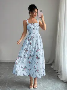 New Summer Autumn Casual French Style Floral Pattern Thin Strap Long Dress, Elegant Women's Fashion Skirt, Perfect for Daily Wear, Womenswear