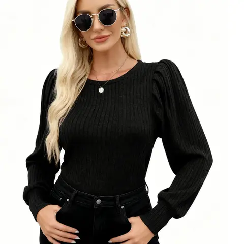 Women's Fashion Knit Tunic Sweater Top - Soft Ribbed Long Puff Sleeves, Invisible Vertical Stripe, Breathable, Itch-Free, Lightweight Round Neck Pullover, S-XXL, Casual Minimalist Autumn Party Wear, Accessories-Matching, Machine Washable, Hang Dry
