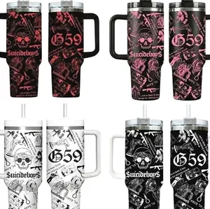 Collection SuicideboyS G59 Skull Aesthetic 40oz Tumbler With Handle, Underground Rap Merch Cup, Dark Trap Goth Style Travel Mug, Flasks Gift For Grey Five Nine Fan ,Muticolor Collage Design Stainless Steel Insulated Tumbler For Music Fans