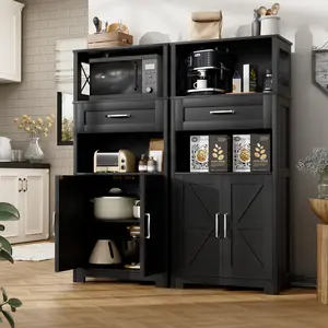 55" Farmhouse Kitchen Pantry Cabinet 5-Tier with 2 Barn Doors & Drawer Tall Sideboard Buffet Cupboards Storage Shelf for Home Office Use