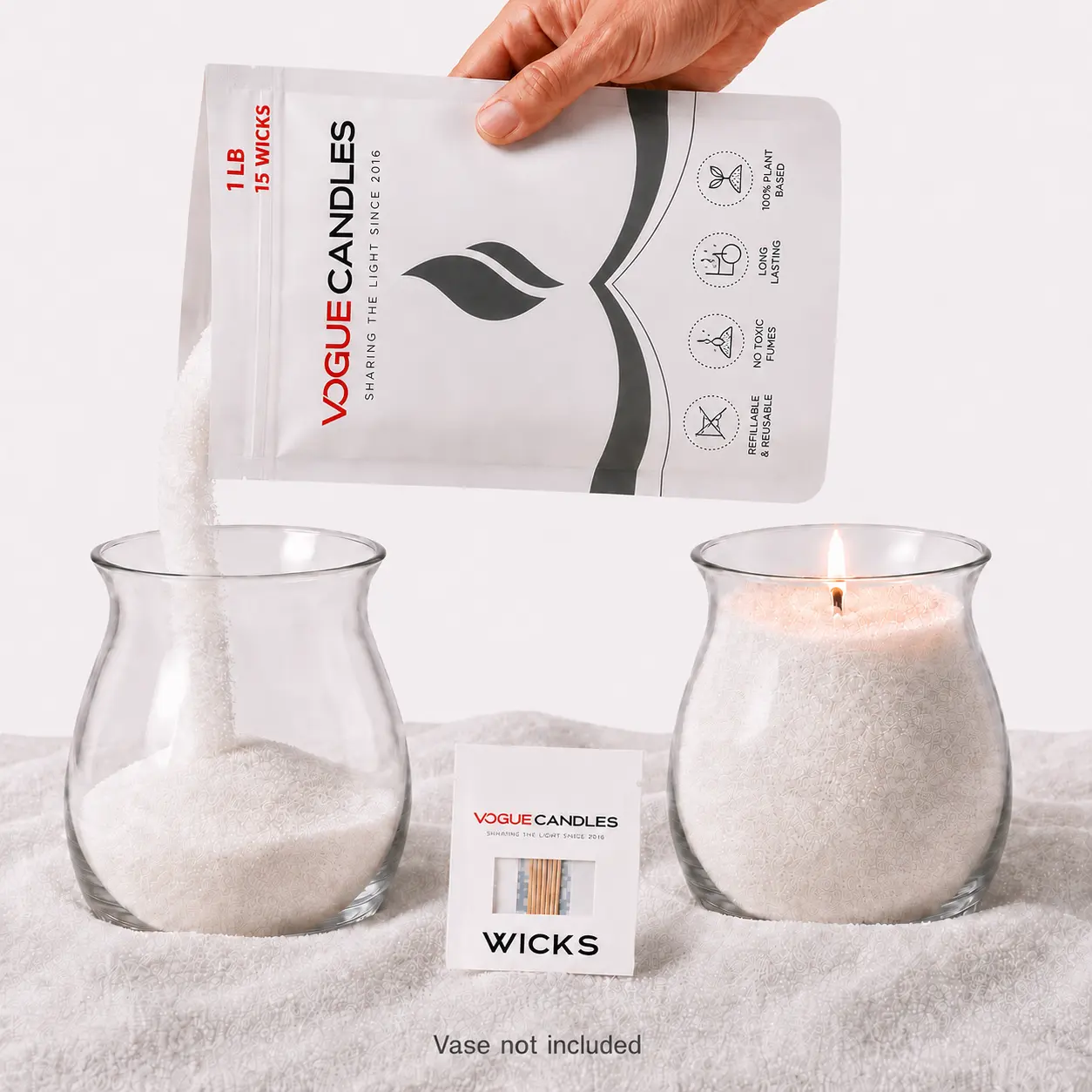 1LB Sand Candle with 15 Wicks - Vogue Wax Beads Refill Kit, Plant-Based Reusable Sand Wax for DIY Ambiance Candles, Home Decor & Weddings, Custom Vessels Compatible (5 Color Options)