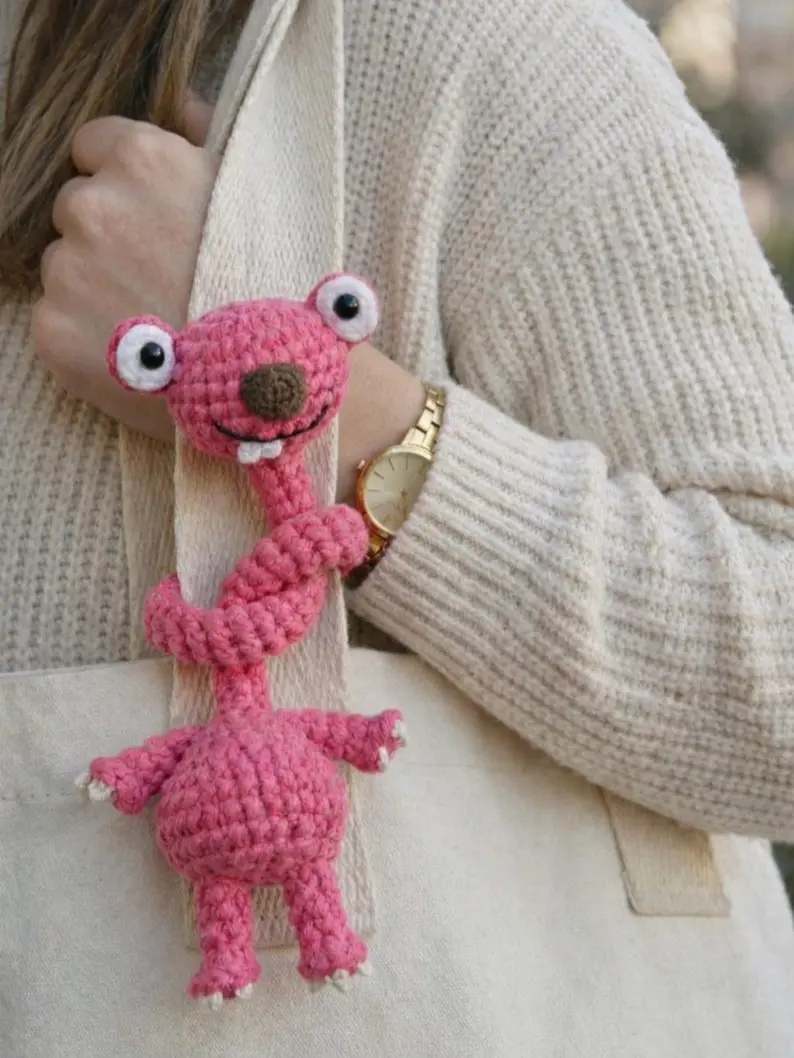 Handmade Crochet Prehistoric Sloth Bag Charm - Funny Long Neck Sloth Plush Toy - Amigurumi Sloth Accessory - Gift for Animal Lovers