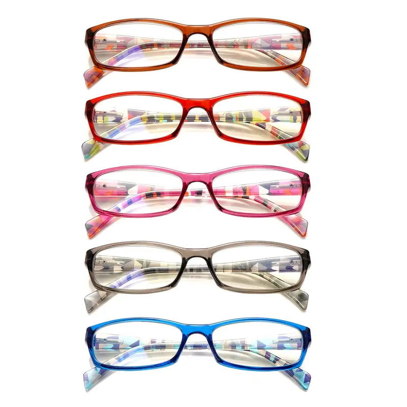 5 Packs Slim-Frame, Minimalist Triangular-Print Blue Light-Blocking Reading Glasses For Presbyopia, suitable for both men and women. Featuring sturdy springs and metal hinges, they help relieve eye strain and are perfect for everyday use or as a gift.