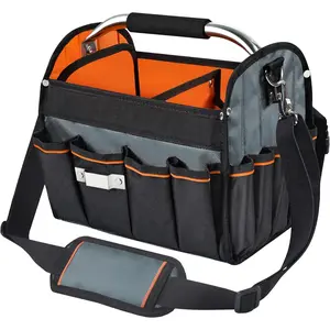 12inch Electrician Tool Tote Bag, 1680D Ballistic Polyester 34 Pockets Foldable Tool Bag with Removable Dividers, Tool Tote Bag with Stainless Steel Handle and Padded Shoulder Strap