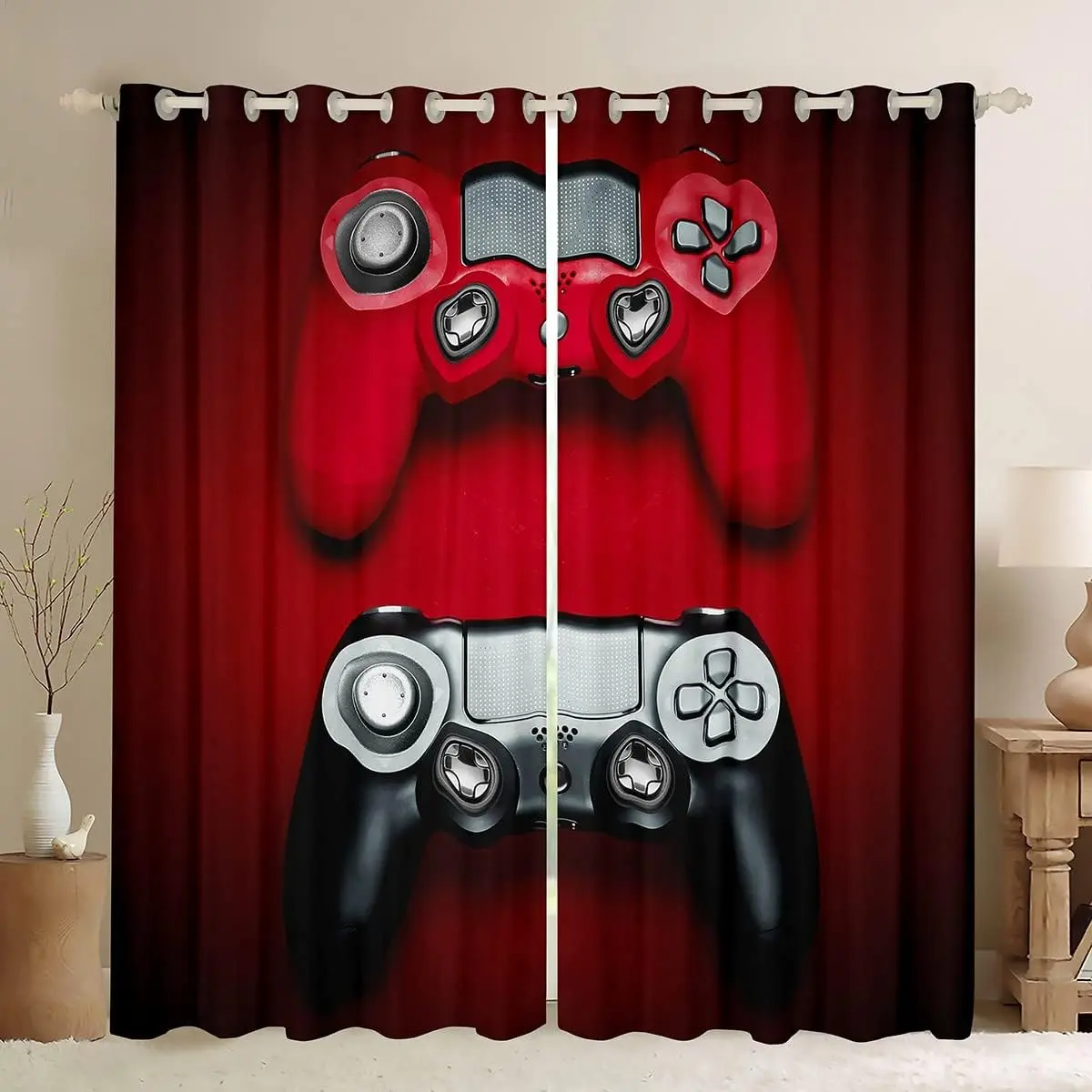 Gamer Curtains,Red Gaming Curtain for Bedroom,Video Game Thermal Insulated Window Treatment Drapes,Grommet Gamepad Home Decor Curtains